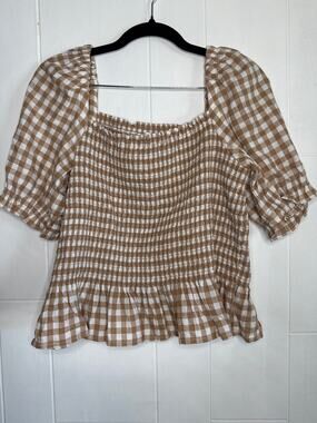 J Crew smocked checkered top 100% cotton Medium